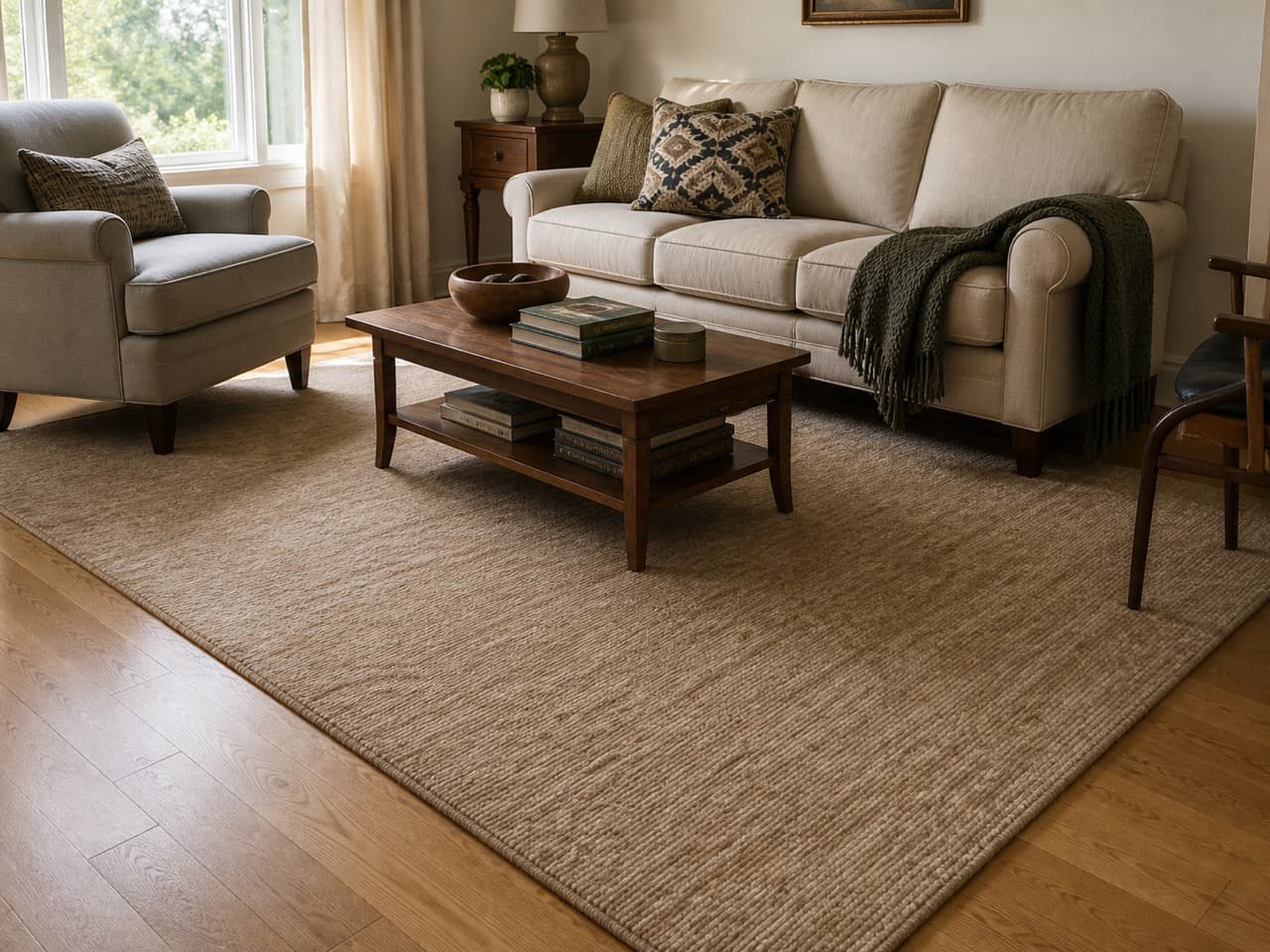 Illustrative living room with a large custom-sized area rug