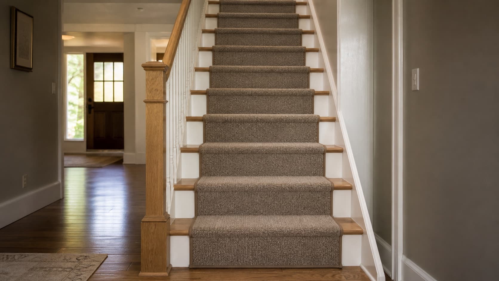 Illustrative staircase with a fitted neutral carpet runner